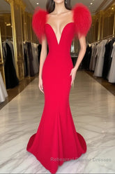 Red Semi Formal Prom Dresses Mermaid V Neck Long Party Evening Dresses with Feathers